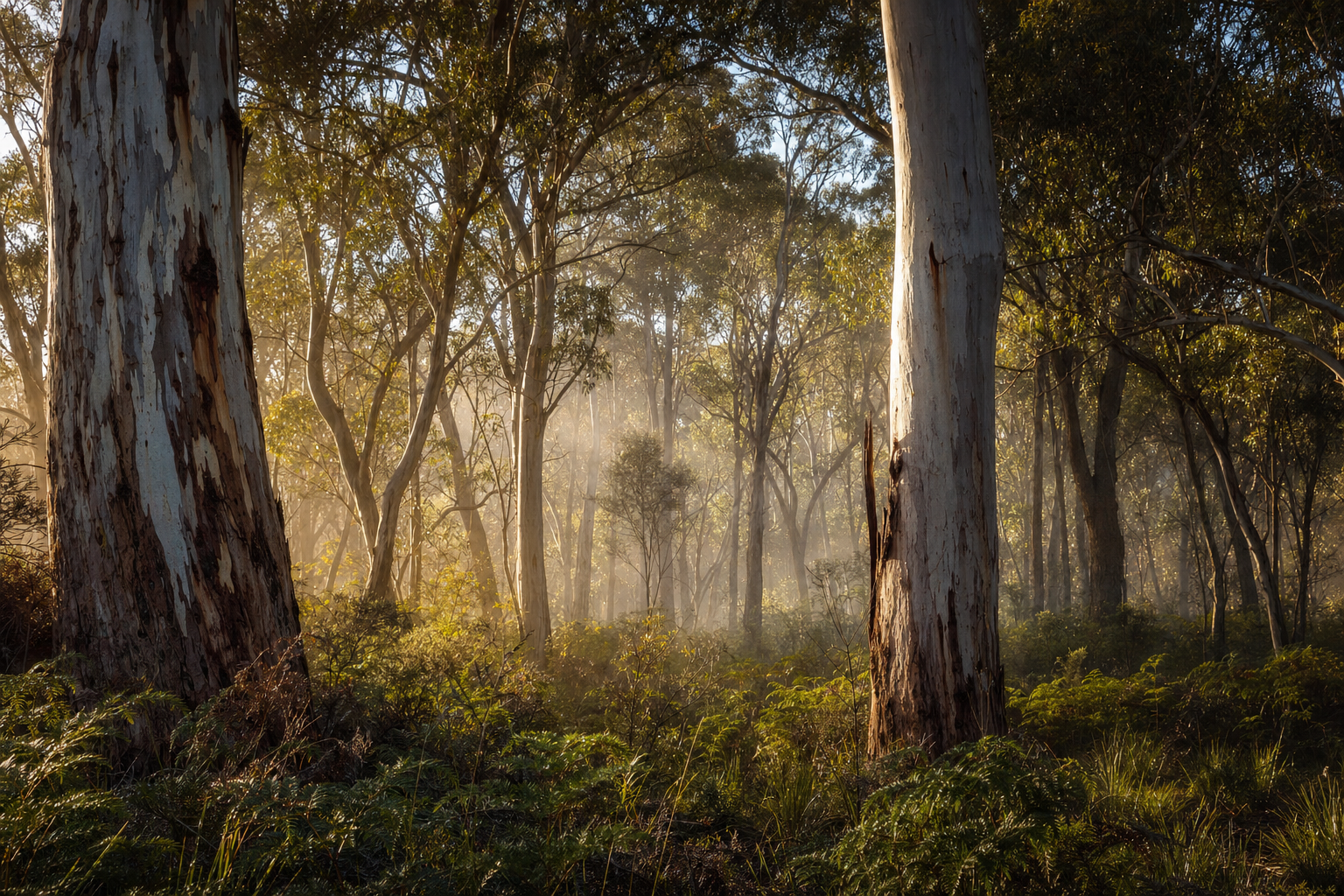 Golden morning light filtering through tall eucalyptus trees in the bushland of Greater Geelong