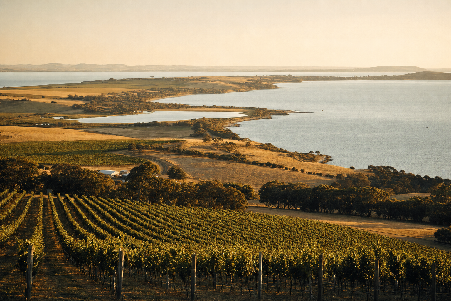 Vineyard rows leading down to the calm blue waters of the Bellarine Peninsula bays at golden hour