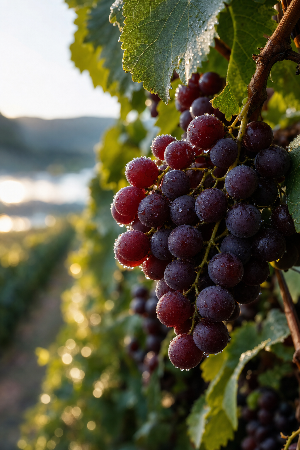 Close-up of dewy dark wine grapes on the vine in soft morning light
